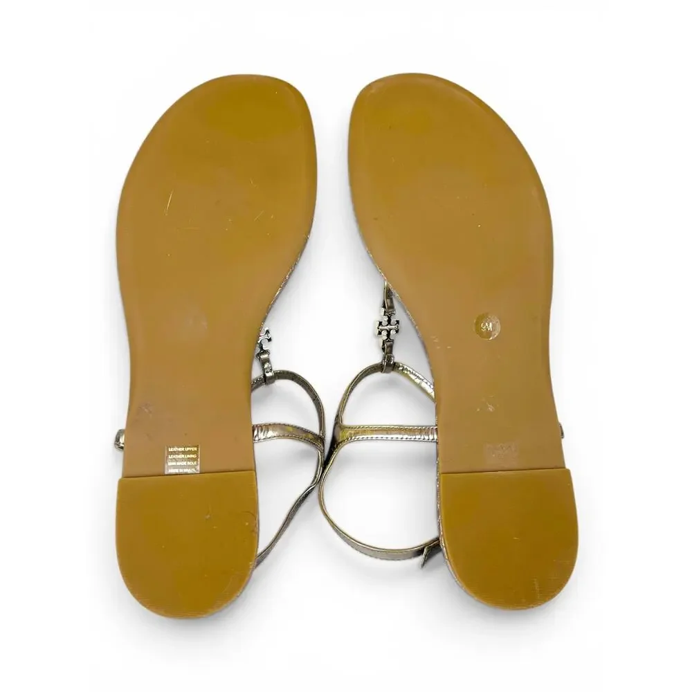 Tory Burch Marion Gold Metallic Quilted Leather Thong Sandals Logo Charm 9